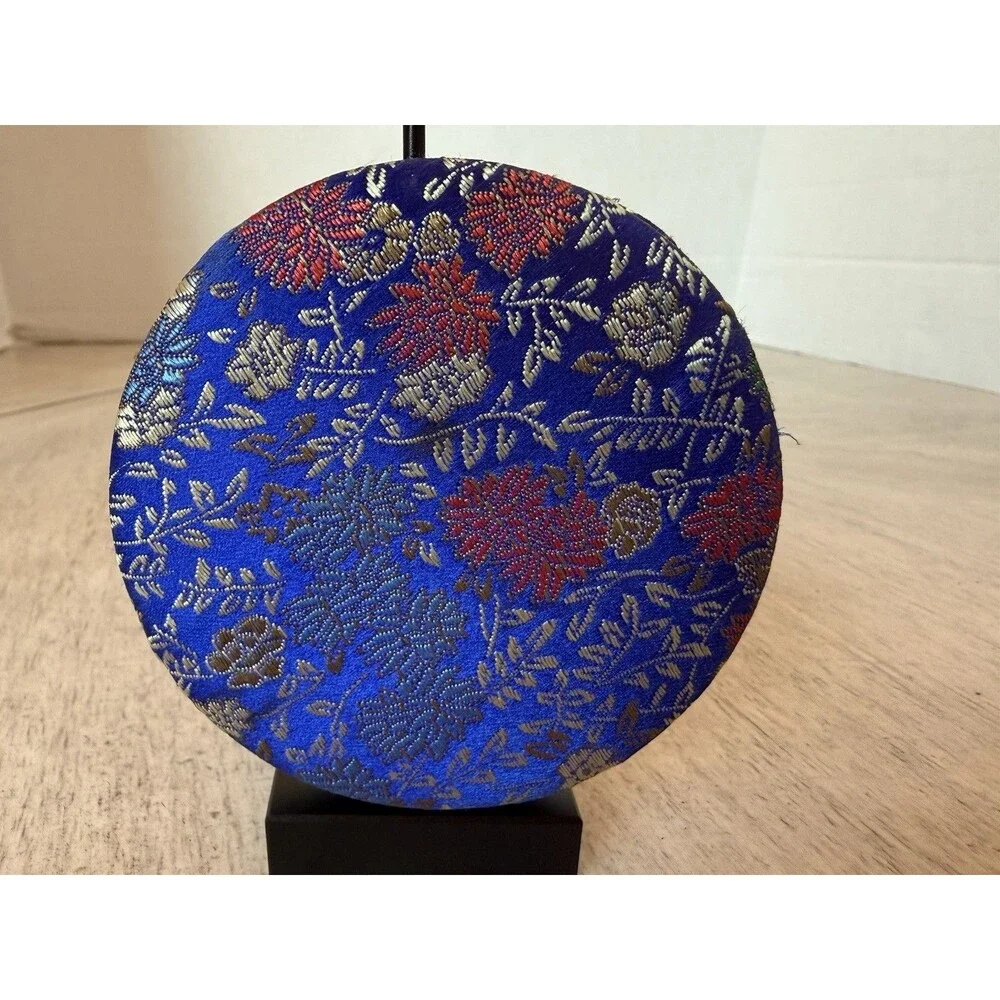 Vintage Style Blue Red Silk Metallic Gold Brocade Pocket Compact Mirror Floral